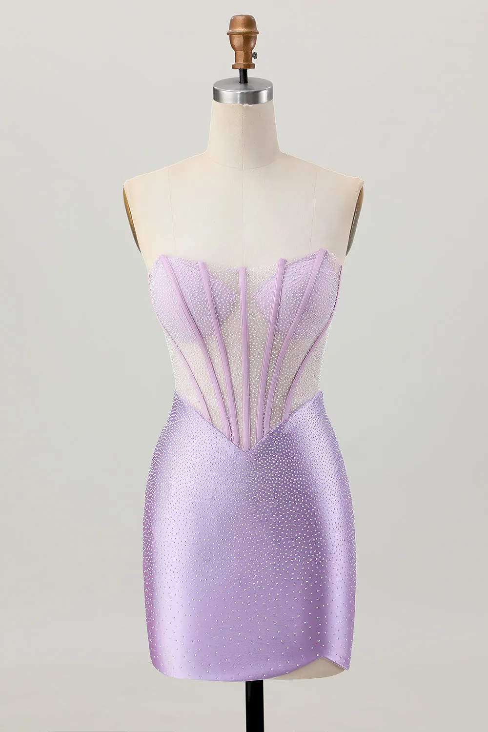 Lilac Beaded Strapless Corset Short Satin Homecoming Dress sold by Zapaka