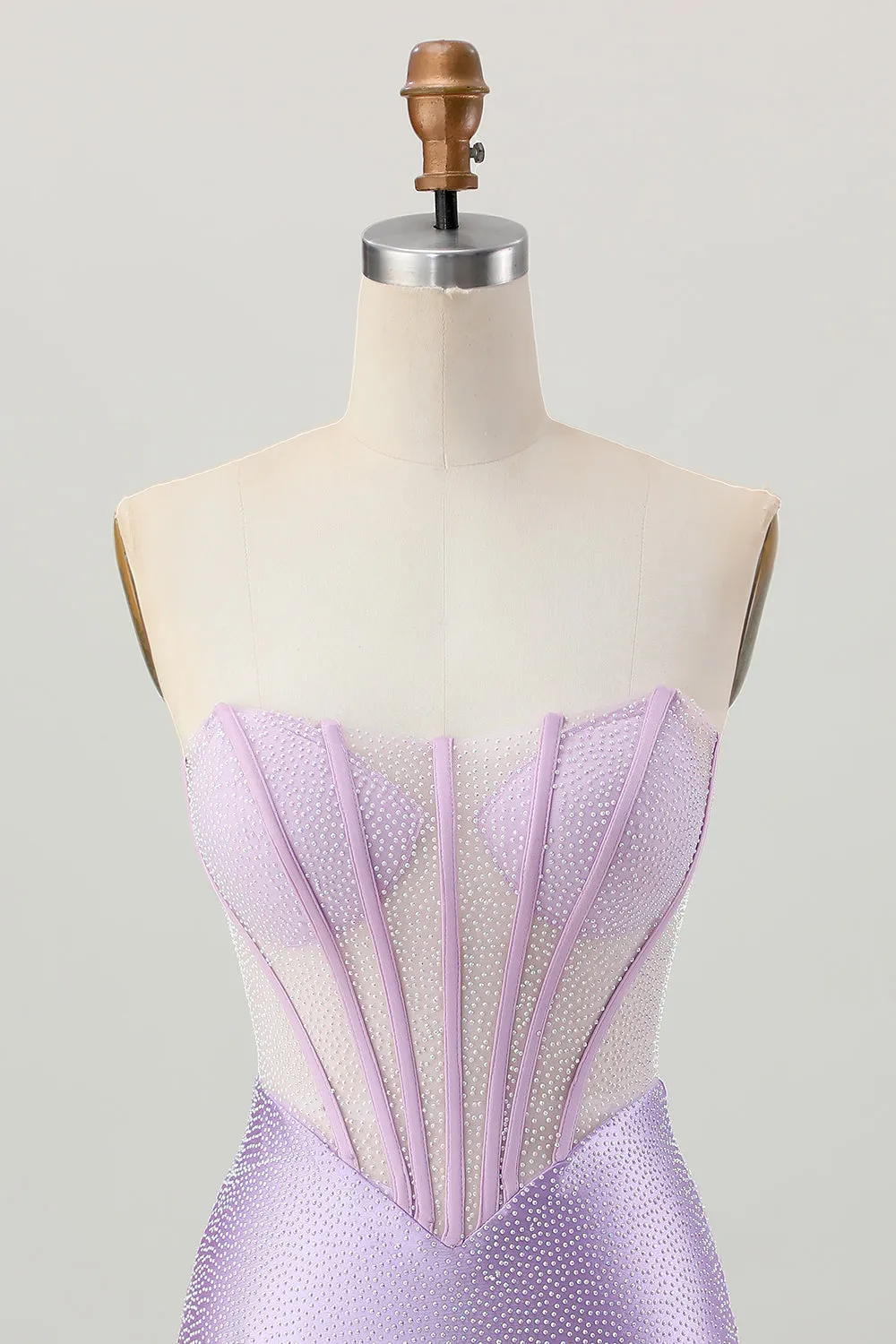 Lilac Beaded Strapless Corset Short Satin Homecoming Dress sold by Zapaka product image thumbnail 4