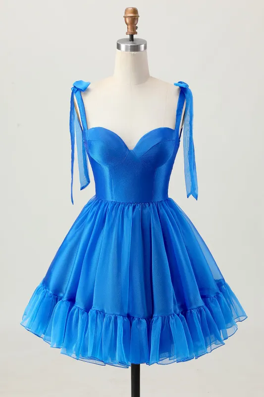 A Line Royal Blue Spaghetti Straps Ruffled Homecoming Dress sold by Zapaka