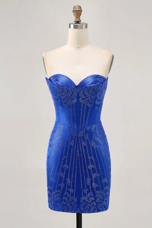 Strapless Royal Blue Beaded Bodycon Short Homecoming Dress sold by Zapaka