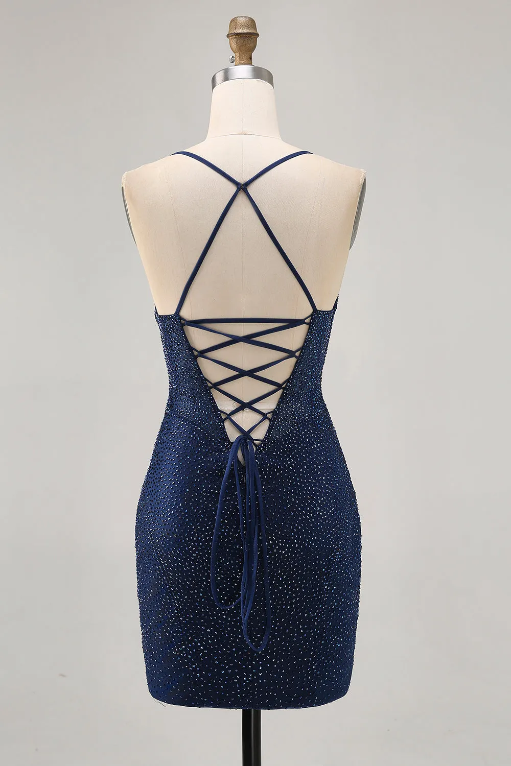 Dark Blue Beaded Spaghetti Straps Bodycon Homecoming Dress sold by Zapaka product image thumbnail 2