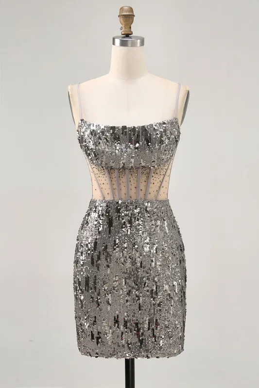 Sparkly Steel Grey Beaded Sequins Bodycon Homecoming Dress sold by Zapaka