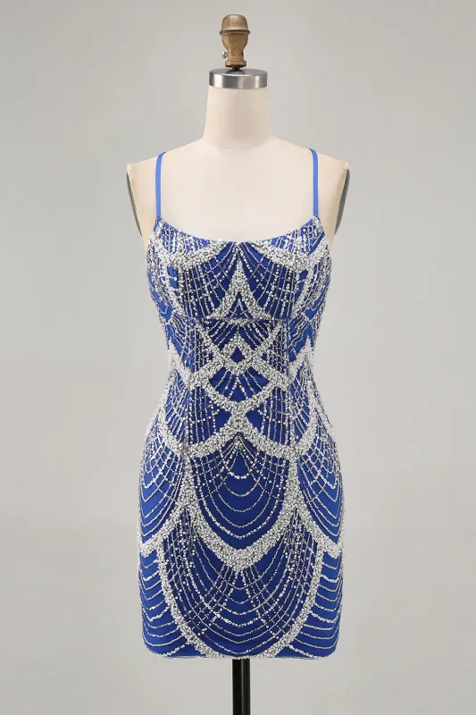 Royal Blue Beaded Bodycon Sequins Short Homecoming Dress sold by Zapaka