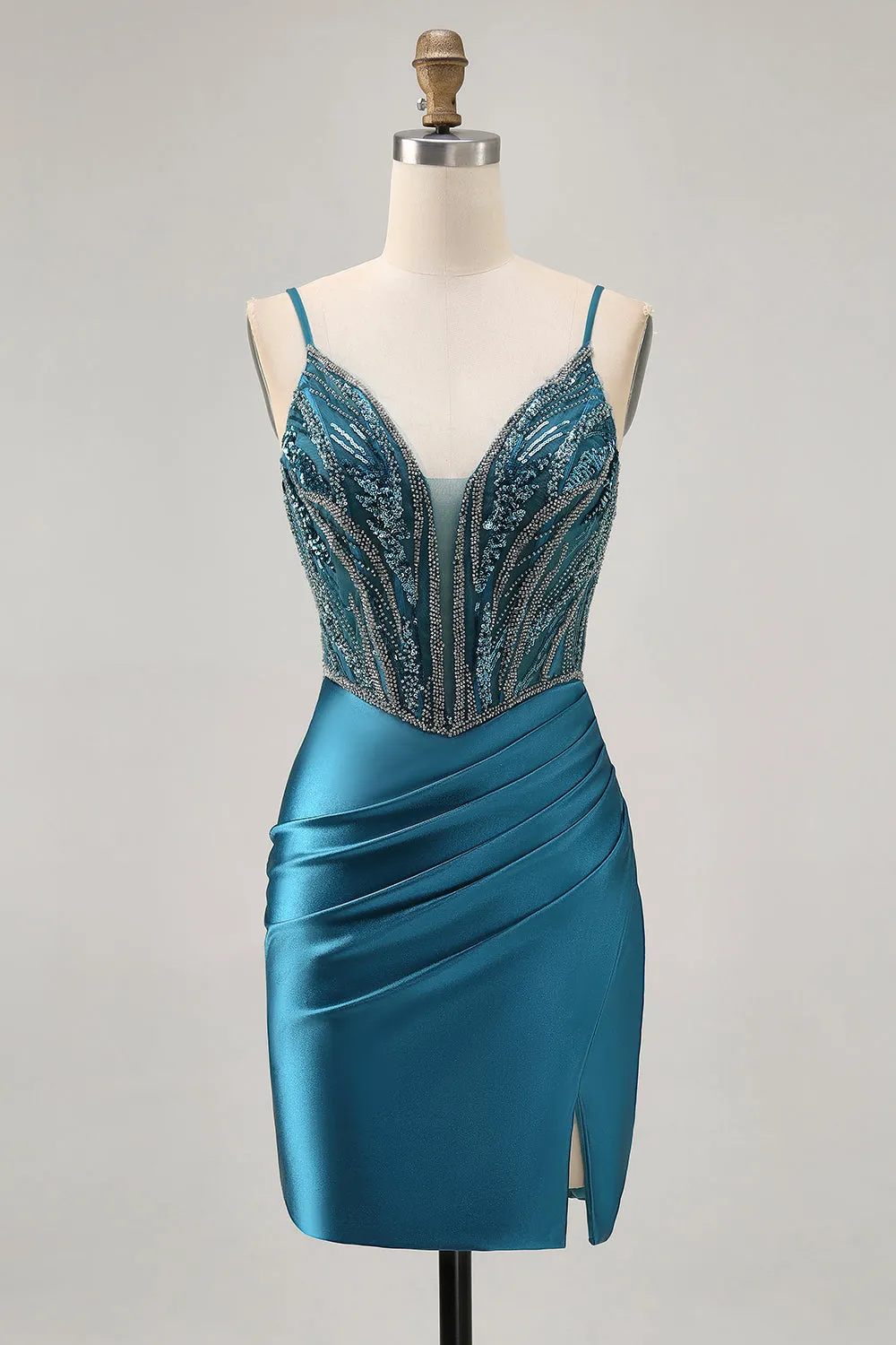 Bodycon Beaded Sequins Peacock Blue Homecoming Dress with Slit sold by Zapaka