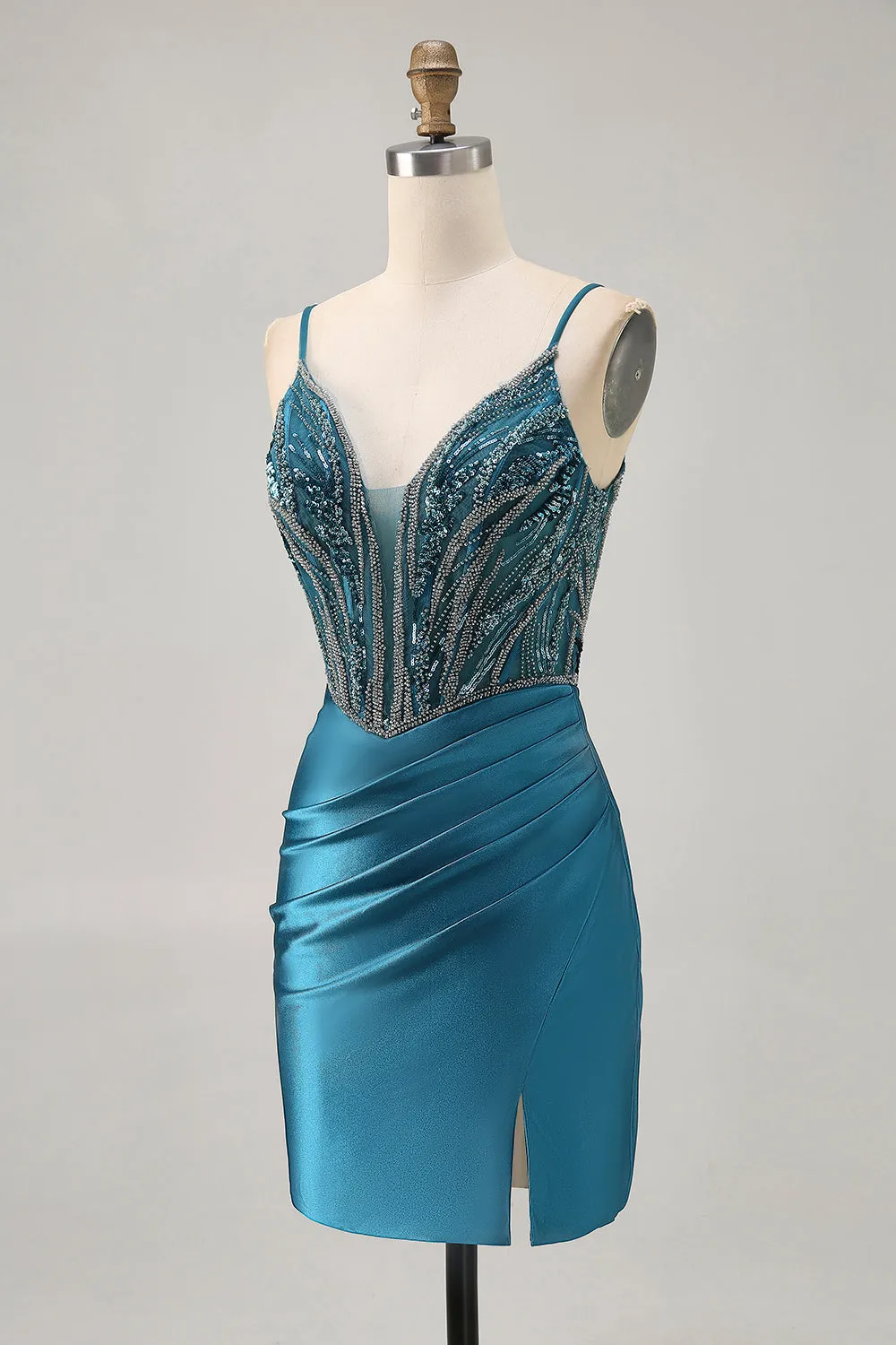 Bodycon Beaded Sequins Peacock Blue Homecoming Dress with Slit sold by Zapaka product image thumbnail 3