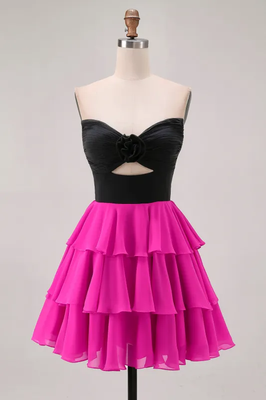 Black Fuchsia Tiered Strapless A Line Cut Out Homecoming Dress sold by Zapaka
