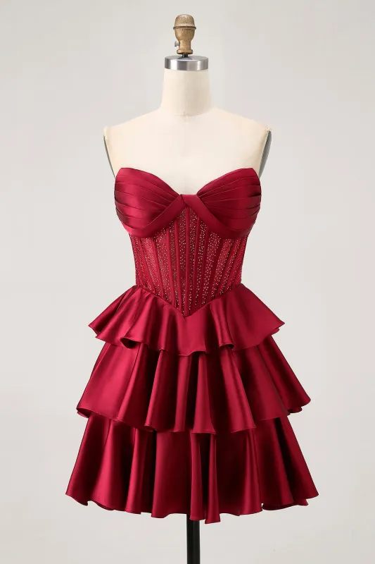 Strapless A Line Tiered Satin Burgundy Homecoming Dress sold by Zapaka