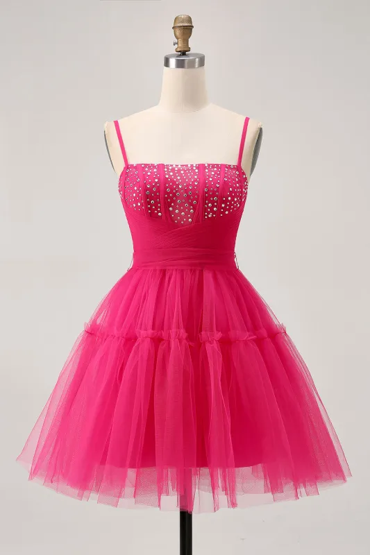 Fuchsia A Line Spaghetti Straps Corset Beaded Homecoming Dress sold by Zapaka