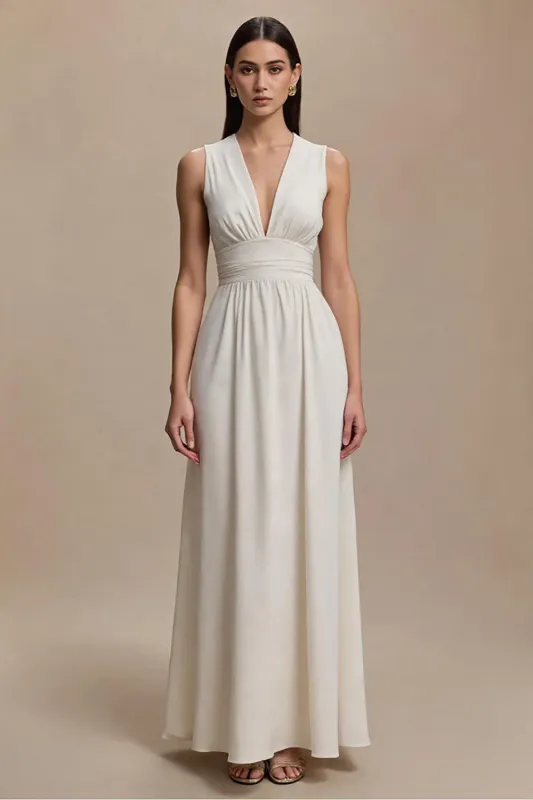 Simple A Line Ivory V-Neck Long Formal Dress sold by Zapaka