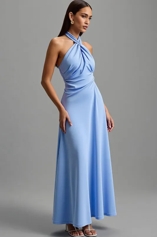 Halter Blue Ruched Long Formal Dress sold by Zapaka