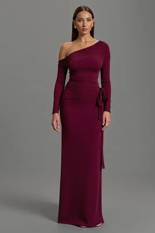 One Shoulder Burgundy Sheath Striped Long Formal Dress sold by Zapaka