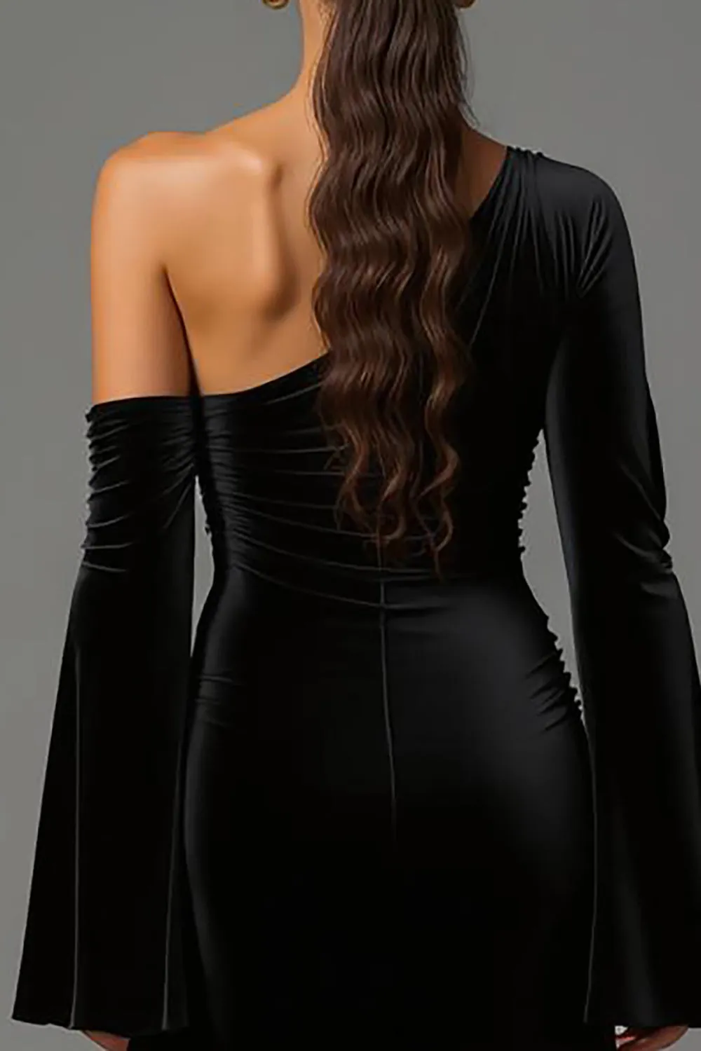 Velvet Black One Shoulder Flare Sleeves Long Formal Dress sold by Zapaka product image thumbnail 4