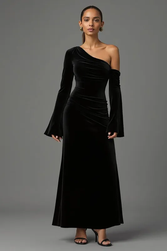 Velvet Black One Shoulder Flare Sleeves Long Formal Dress made by Zapaka