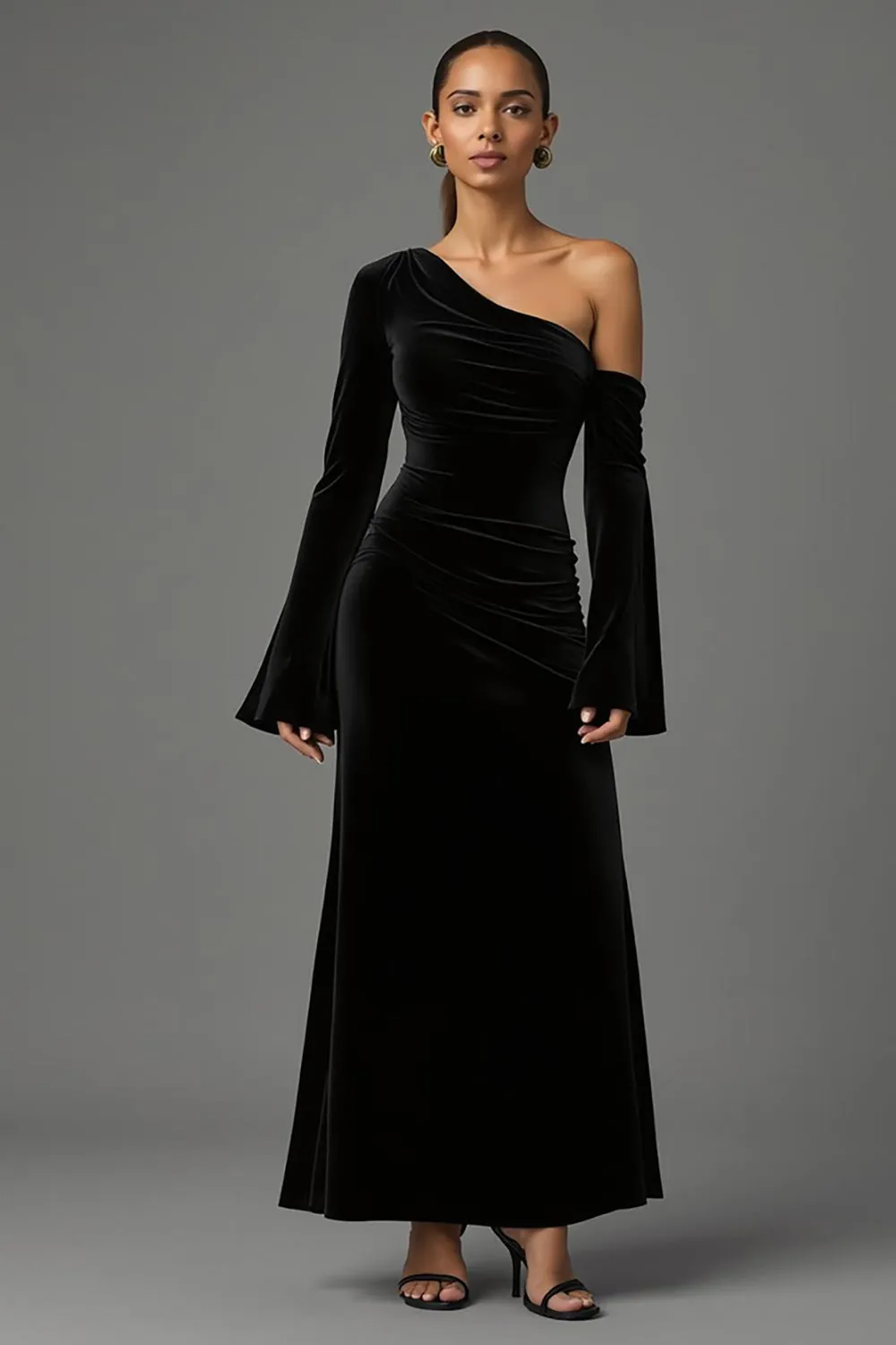 Velvet Black One Shoulder Flare Sleeves Long Formal Dress sold by Zapaka