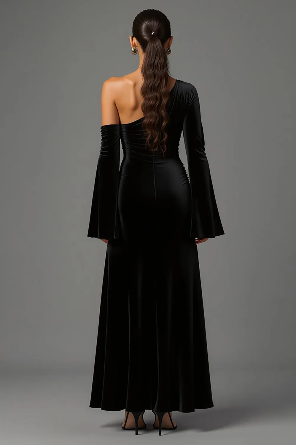Velvet Black One Shoulder Flare Sleeves Long Formal Dress sold by Zapaka product image thumbnail 2