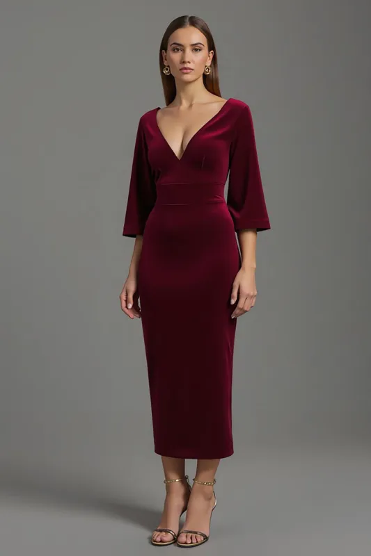 Burgundy V-Neck Velvet 3/4 Sleeves Long Holiday Party Dress sold by Zapaka