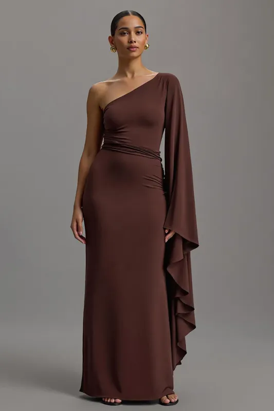 Ruffled Coffee One Shoulder Long Sleeves Formal Dress sold by Zapaka