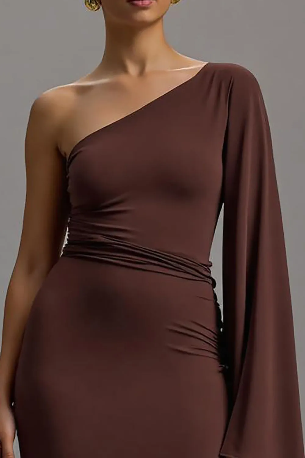Ruffled Coffee One Shoulder Long Sleeves Formal Dress sold by Zapaka product image thumbnail 2