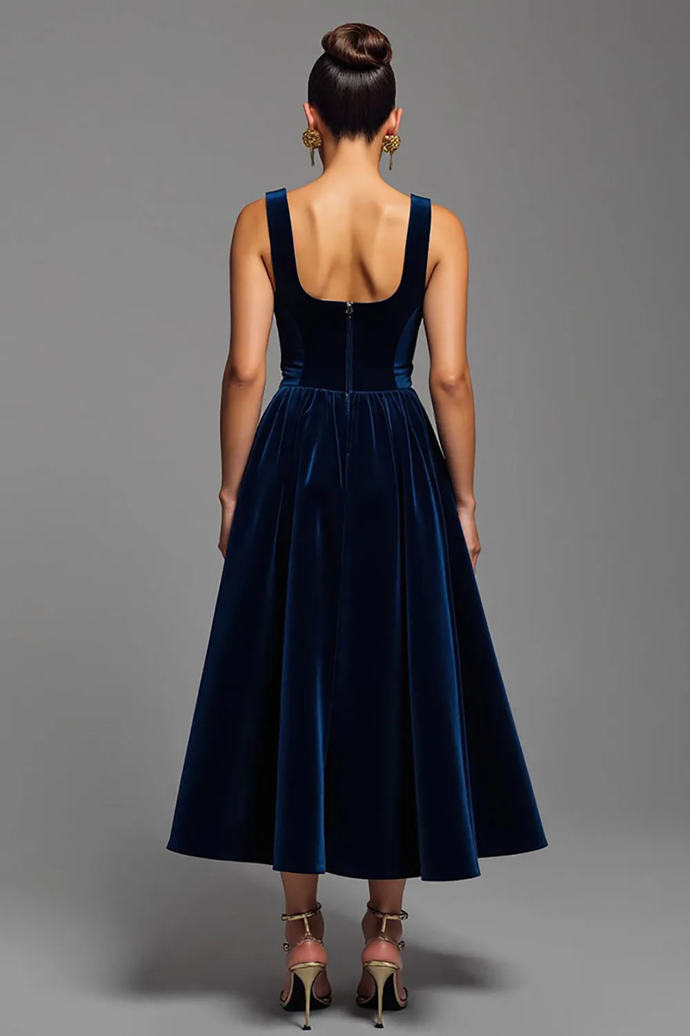 Navy A Line Velvet Long Square Neck Holiday Party Dress sold by Zapaka product image thumbnail 2