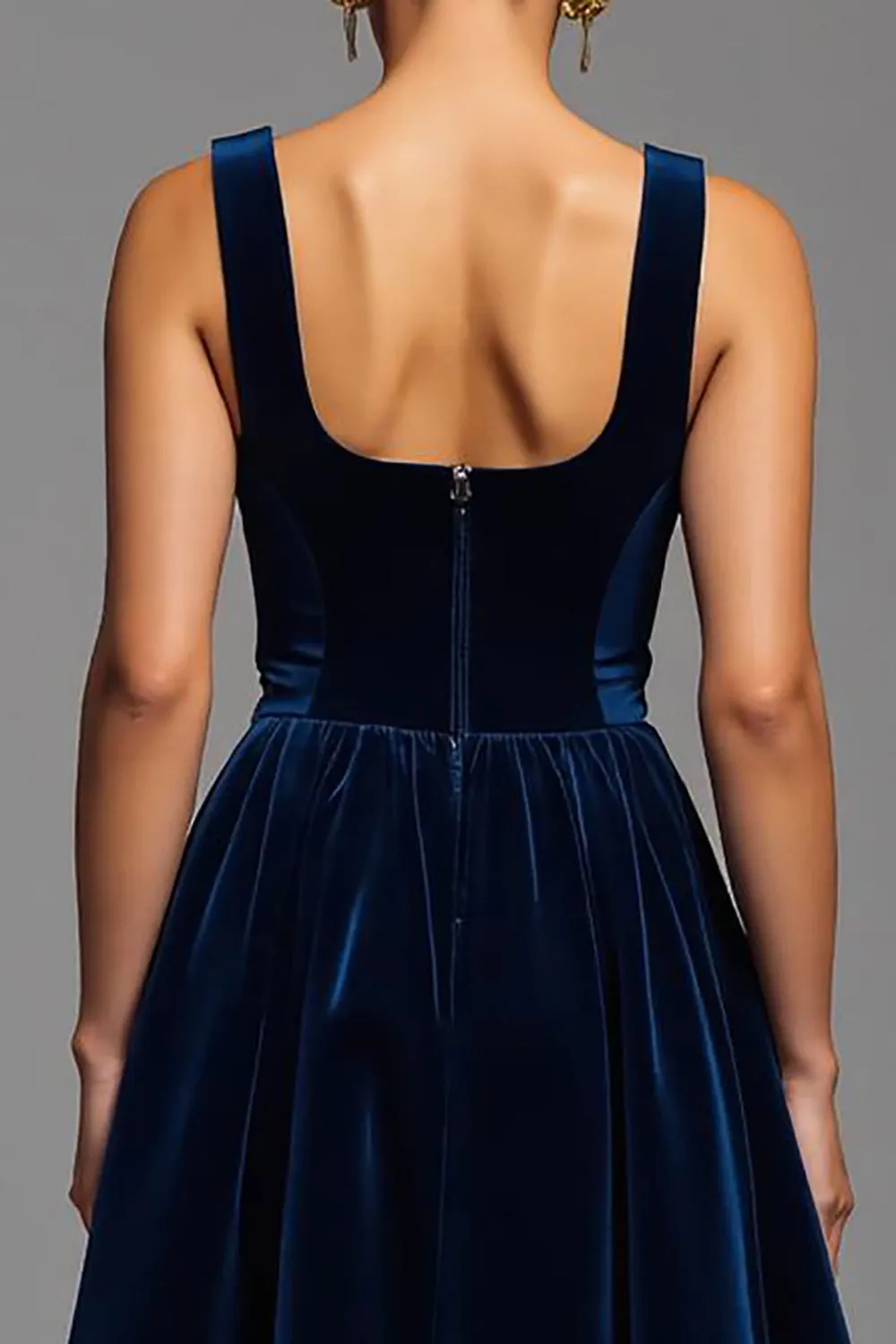 Navy A Line Velvet Long Square Neck Holiday Party Dress sold by Zapaka product image thumbnail 4