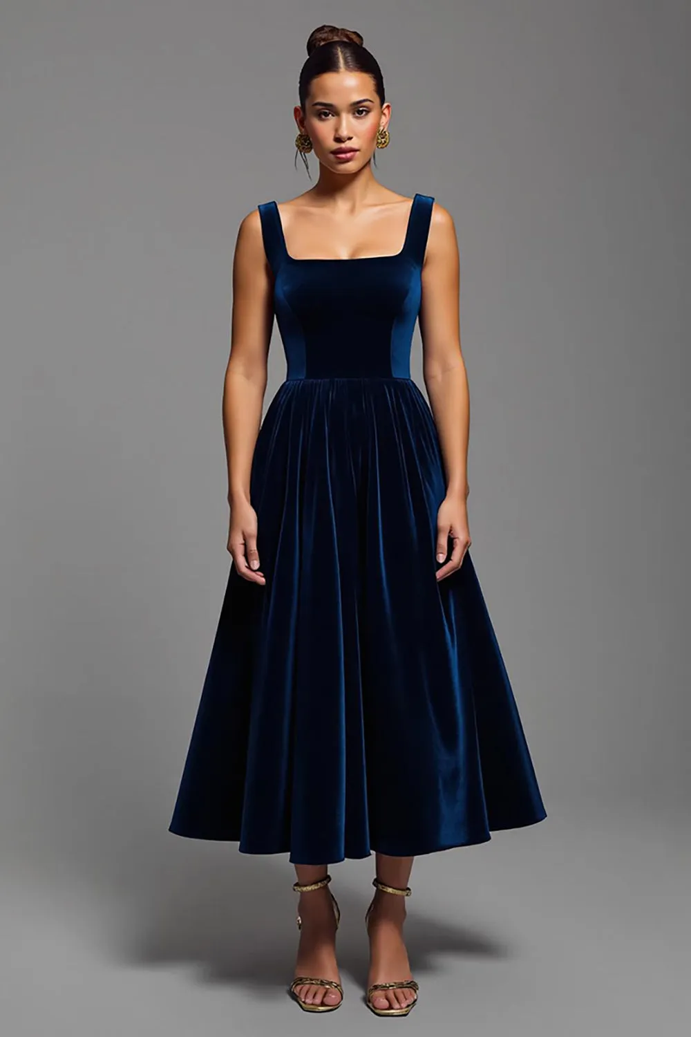 Navy A Line Velvet Long Square Neck Holiday Party Dress sold by Zapaka