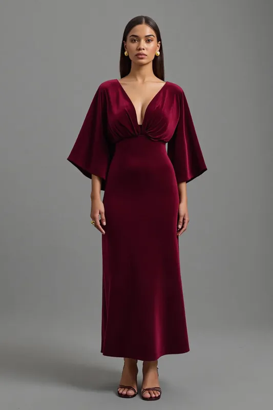 Velvet Burgundy V-Neck Long Holiday Party Dress with 3/4 Sleeves sold by Zapaka
