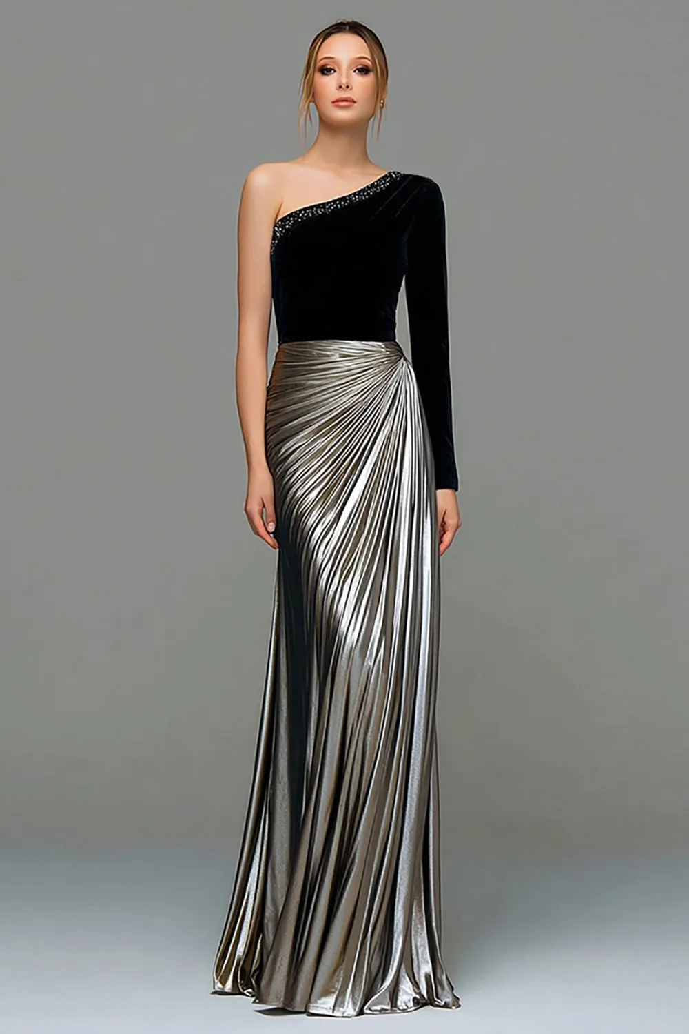 Black and Grey A-Line One Shoulder Metallic Satin Formal Dress sold by Zapaka