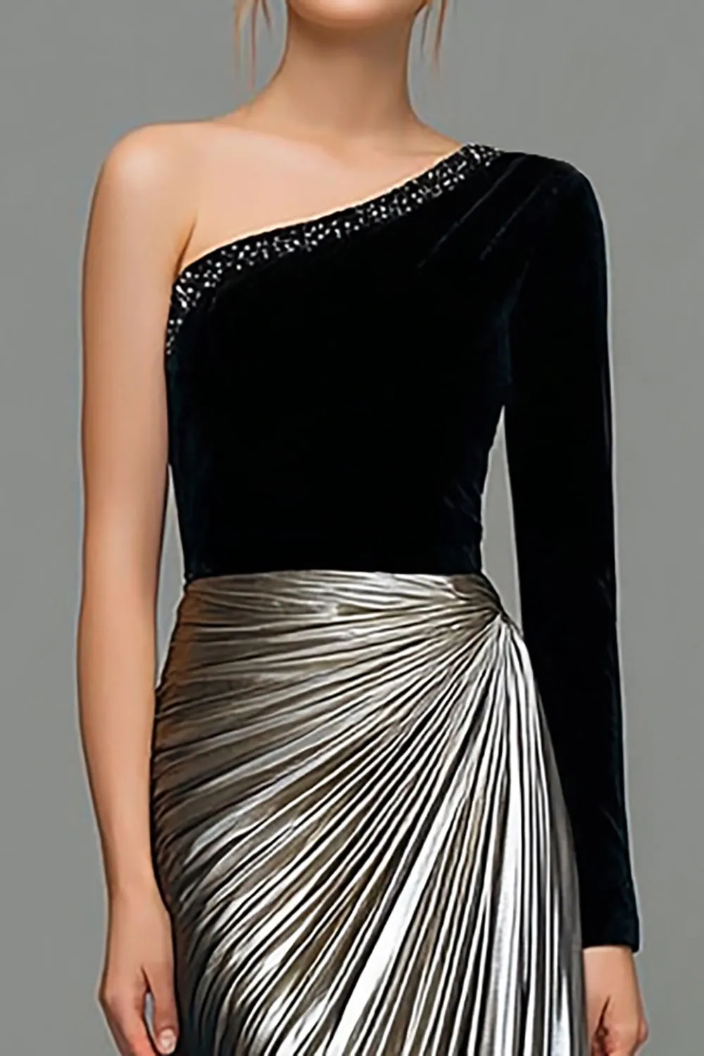 Black and Grey A-Line One Shoulder Metallic Satin Formal Dress sold by Zapaka product image thumbnail 2