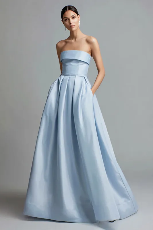 Strapless Sky Blue A Line Satin Formal Dress sold by Zapaka
