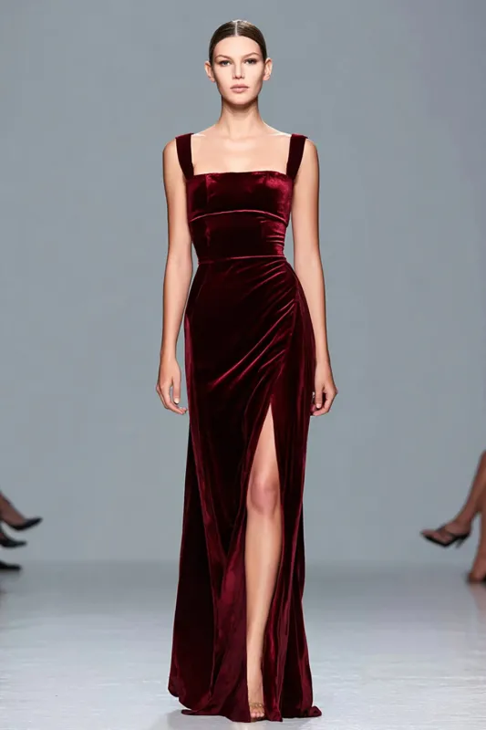 Burgundy Square Neck Velvet Long Formal Dress with Slit sold by Zapaka