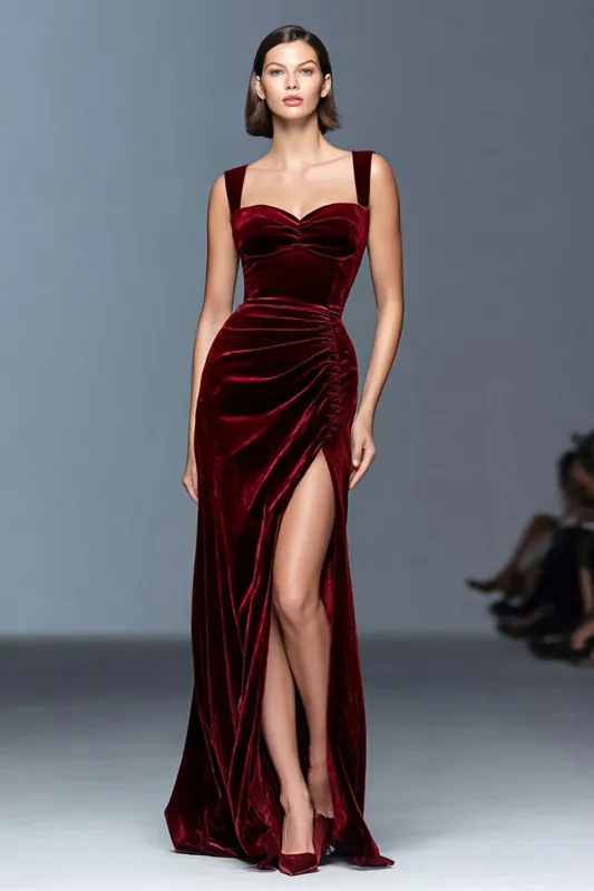 Burgundy A-Line Velvet Ruched Long Formal Dress sold by Zapaka