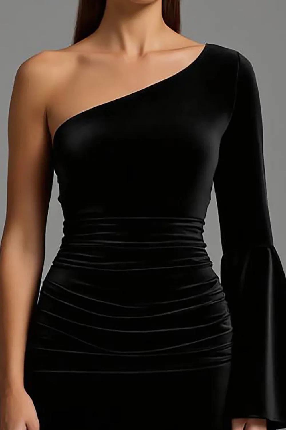 Black One Shoulder Flare Sleeve Velvet Formal Dress sold by Zapaka product image thumbnail 2