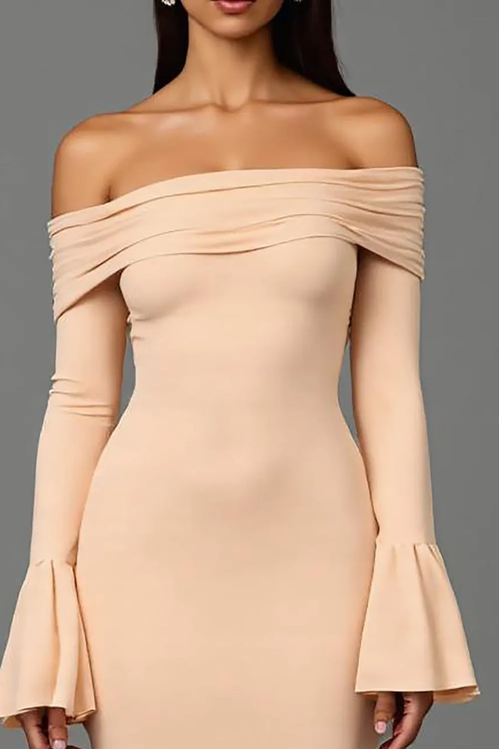 Ruffled Apricot Off the Shoulder Ruched Long Formal Dress sold by Zapaka product image thumbnail 2