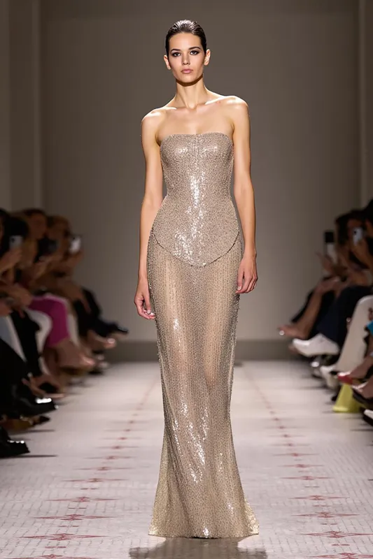 Sequin Champagne A-Line Strapless Long Evening Dress sold by Zapaka