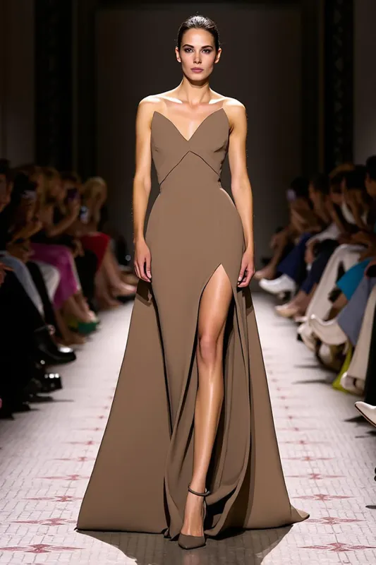 Coffee A-Line V-Neck Satin Evening Dress with Slit sold by Zapaka