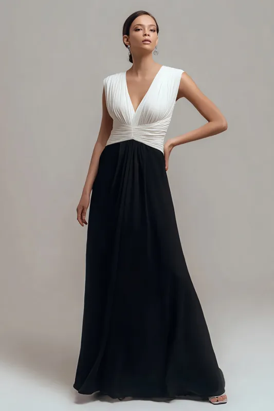V Neck Black White Pleated A Line Formal Dress sold by Zapaka