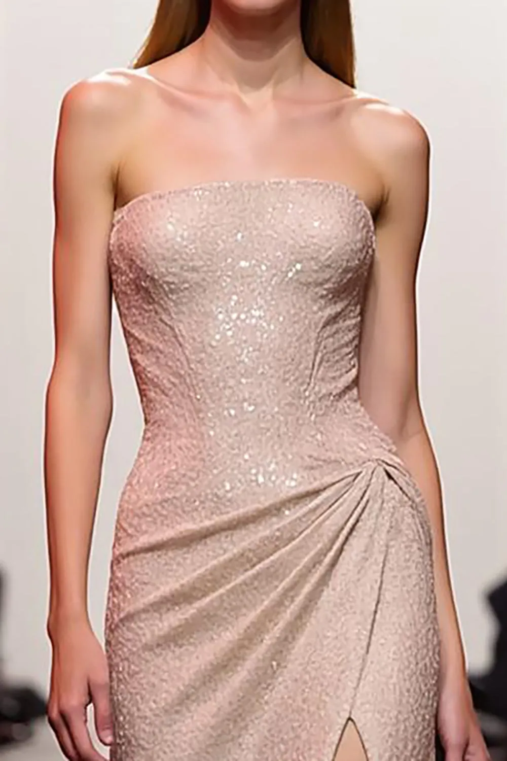 A-Line Champagne Strapless Sequin Evening Dress with Slit sold by Zapaka product image thumbnail 4