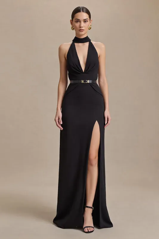 Black High Neck Long Formal Dress with Slit sold by Zapaka