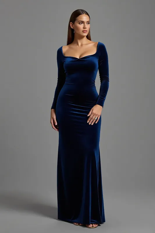 Navy Velvet Sheath Long Sleeves Formal Dress sold by Zapaka