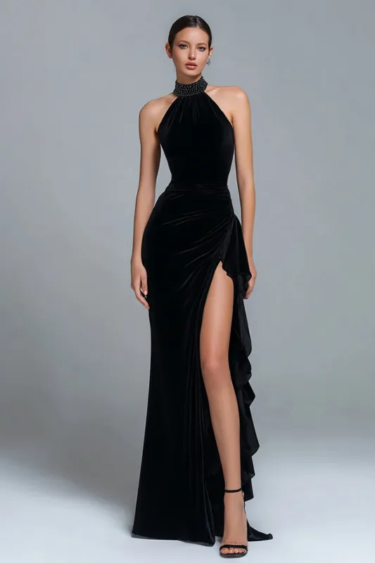 Velvet High Neck Sheath Black Formal Dress with Slit sold by Zapaka