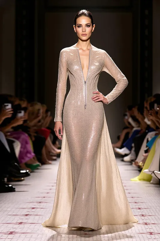 A-Line Champagne V-Neck Backless Evening Dress sold by Zapaka
