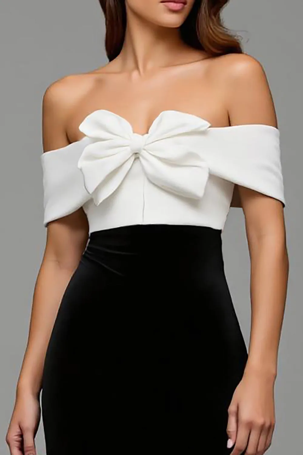 Off the Shoulder Black and White Patchwork Long Formal Dress with Bow sold by Zapaka product image thumbnail 3