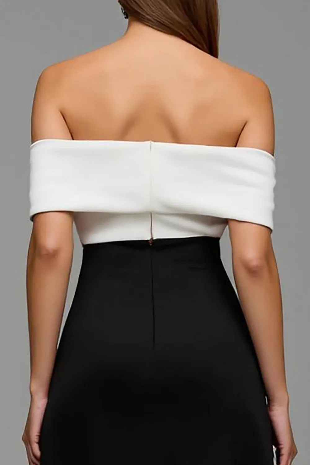 Off the Shoulder Black and White Patchwork Long Formal Dress with Bow sold by Zapaka product image thumbnail 4