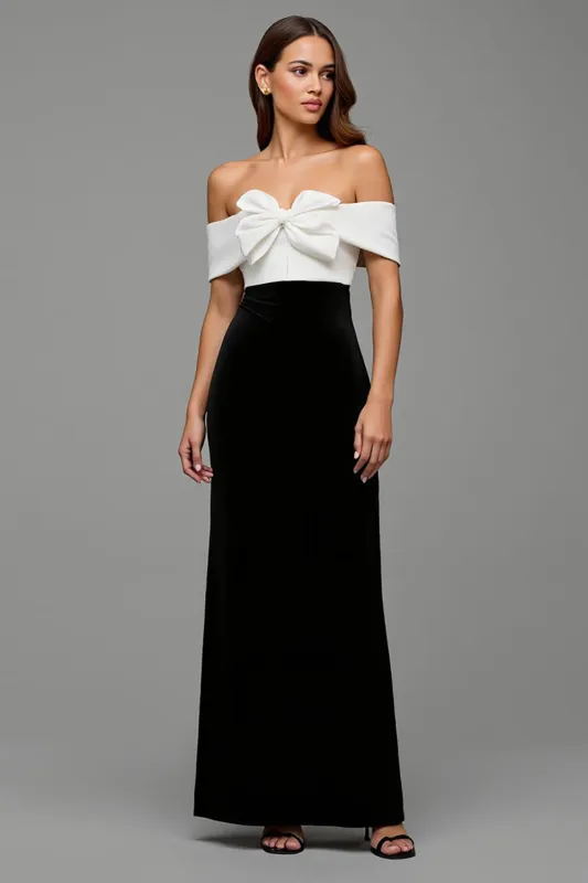 Off the Shoulder Black and White Patchwork Long Formal Dress with Bow sold by Zapaka
