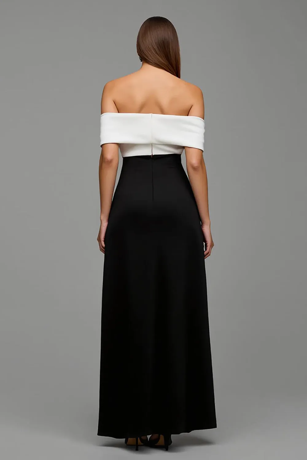Off the Shoulder Black and White Patchwork Long Formal Dress with Bow sold by Zapaka product image thumbnail 2