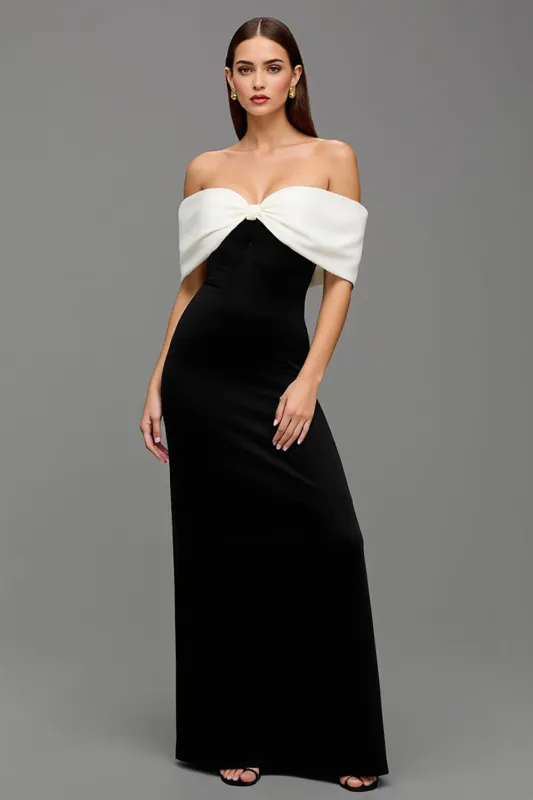 Sheath Black and White Long Formal Dress with Bow sold by Zapaka