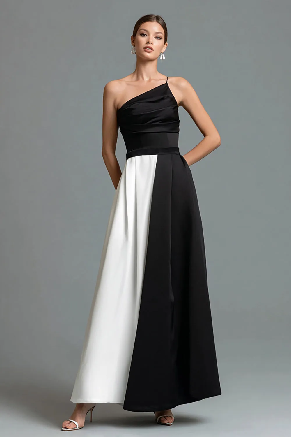 A Line One Shoulder Black and White Formal Dress sold by Zapaka