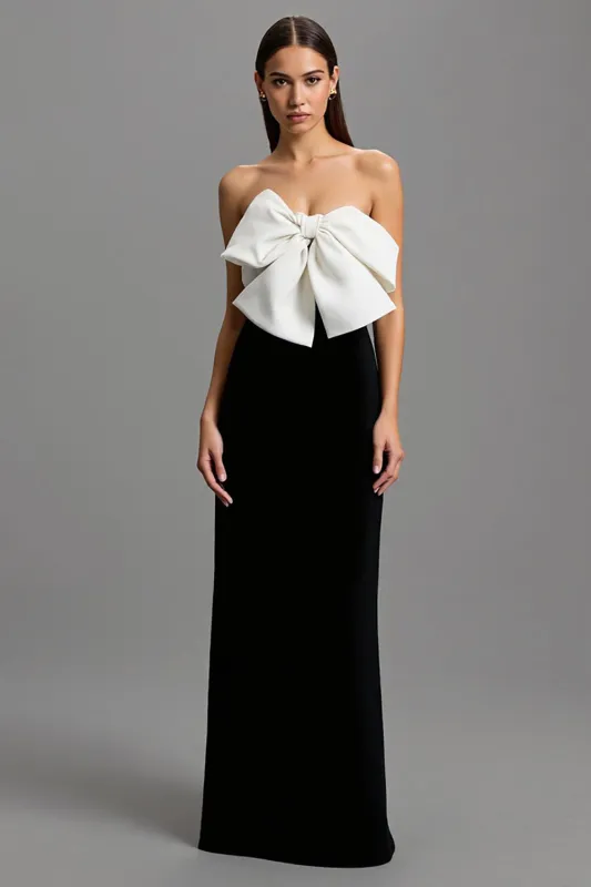 Strapless Black and White Patchwork Long Formal Dress with Bow made by Zapaka