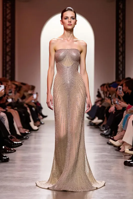 Mermaid Strapless Sparkly Champagne Long Evening Dress with Sequins sold by Zapaka