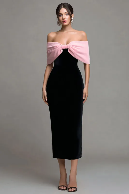Off the Shoulder Black Pink Bodycon Midi Formal Dress with Bowknot sold by Zapaka